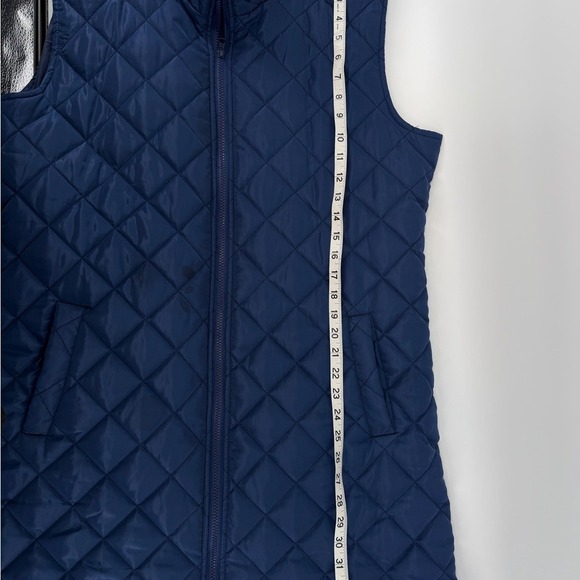 Quilted Navy Blue Long Vest Women's Size L Stand Collar Zip Pockets - Picture 5 of 5